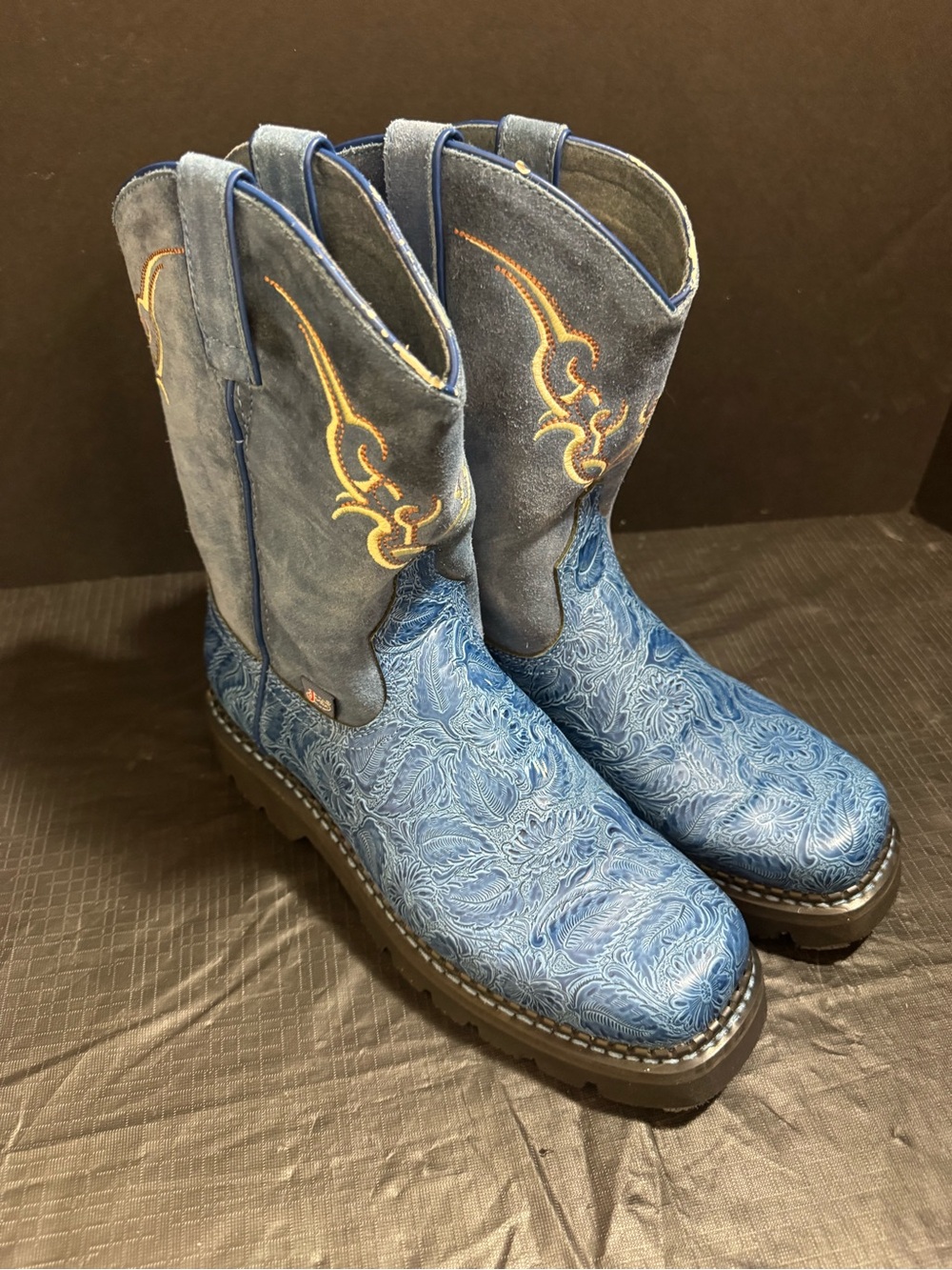 Justin Work Boots Womens 10.5 B Blue Floral Embossed Leather Western